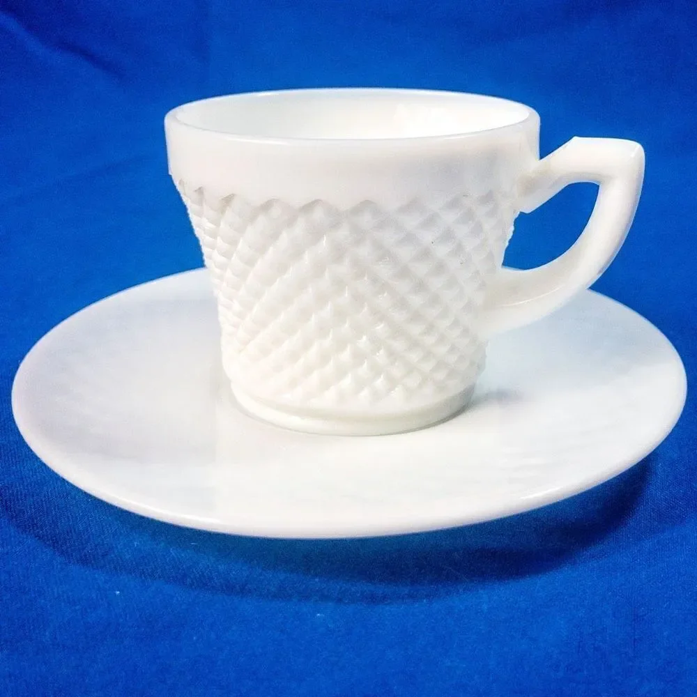 VTG Westmorland English Hobnail Milk Glass Cup & Saucer -Service for 4